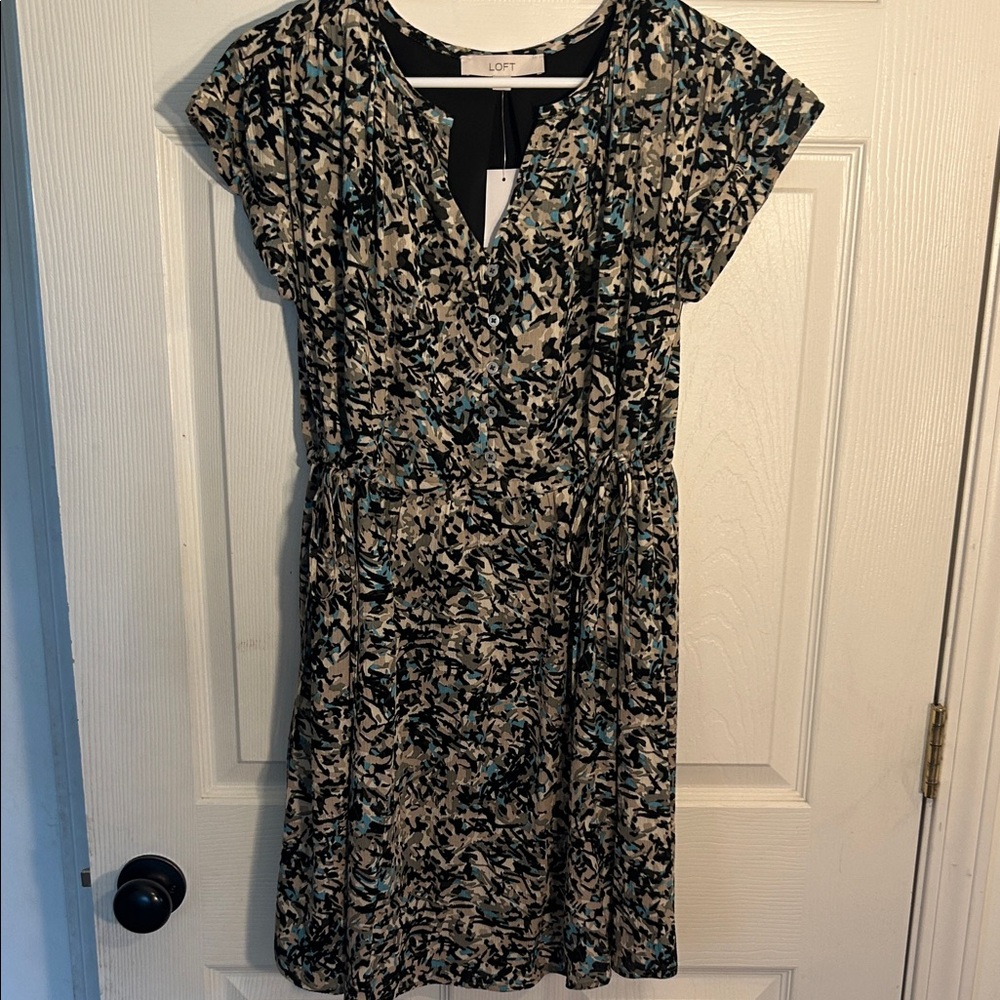 LOFT Women's Abstract Midi Dress - Black, Blue, and Cream